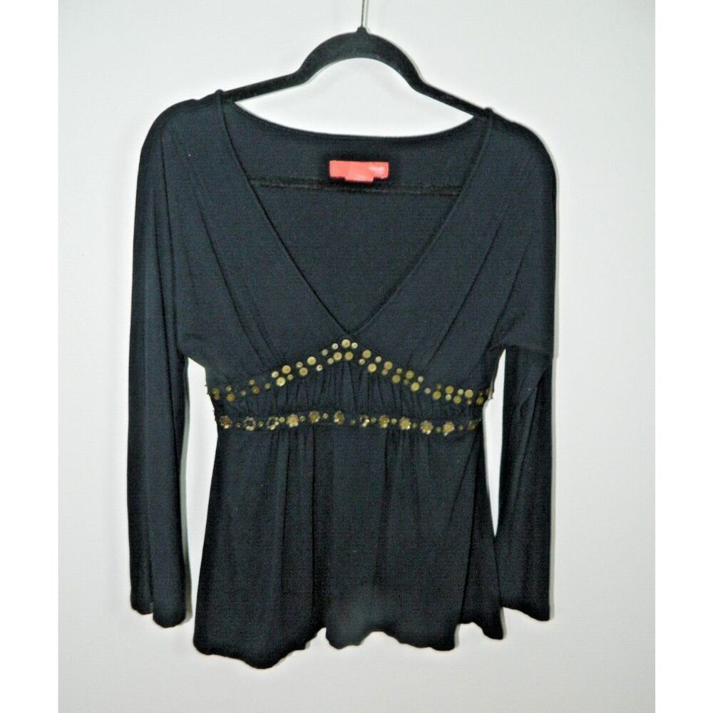 Vintage Y2K babydoll Calvin Klein Choice Tunic Shirt Large Black Gold‎ Studded